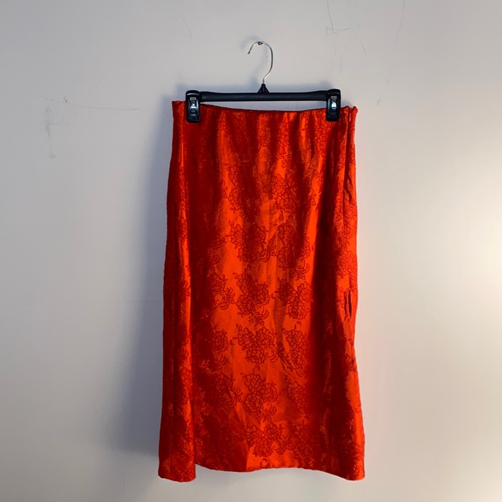 Red Floral Silk Midi Skirt